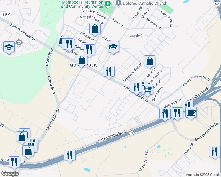 map of restaurants, bars, coffee shops, grocery stores, and more near 6801 East Riverside Drive in Austin
