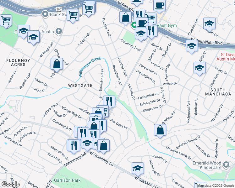 map of restaurants, bars, coffee shops, grocery stores, and more near 4908 Menchaca Road in Austin