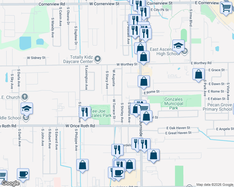 map of restaurants, bars, coffee shops, grocery stores, and more near 420 West Live Oak Street in Gonzales