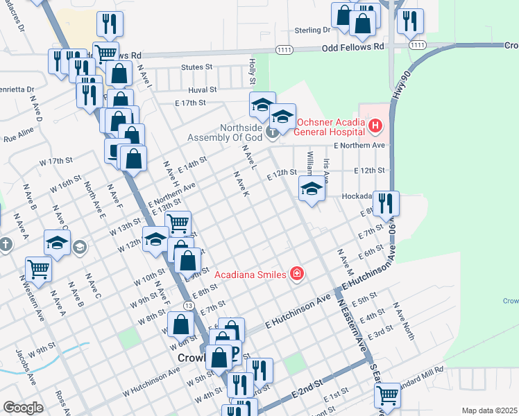 map of restaurants, bars, coffee shops, grocery stores, and more near 519 Magnolia Drive in Jennings