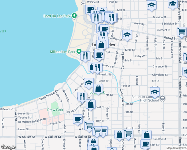 map of restaurants, bars, coffee shops, grocery stores, and more near 1312 Ryan Street in Lake Charles