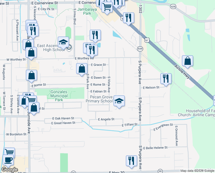 map of restaurants, bars, coffee shops, grocery stores, and more near 1221 East Rome Street in Gonzales
