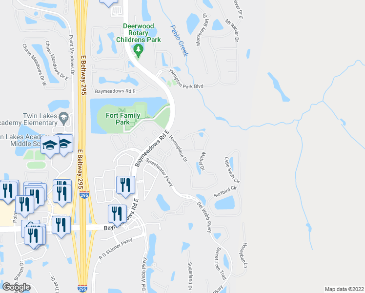 map of restaurants, bars, coffee shops, grocery stores, and more near 11601 Annie Mae Place in Jacksonville