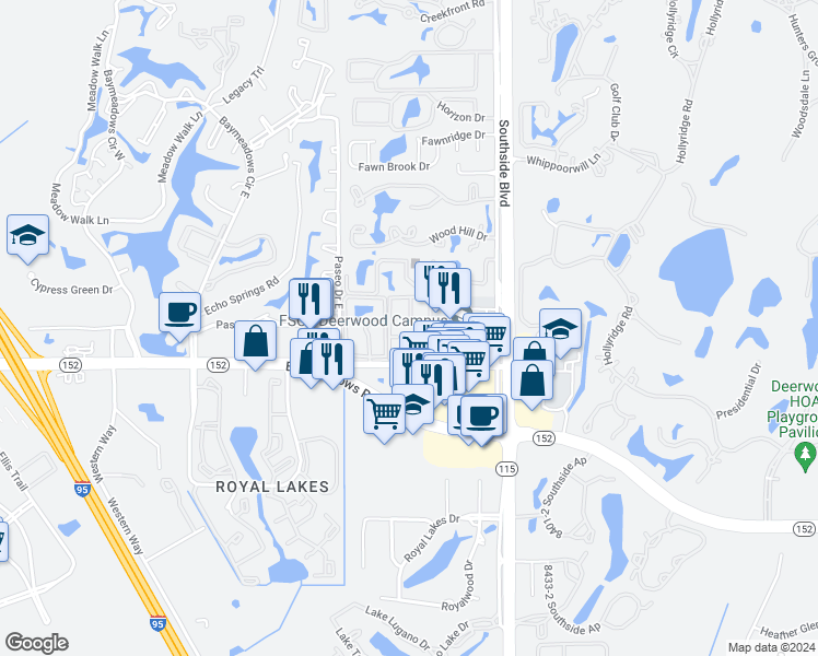map of restaurants, bars, coffee shops, grocery stores, and more near 9801 Old Baymeadows Road in Jacksonville