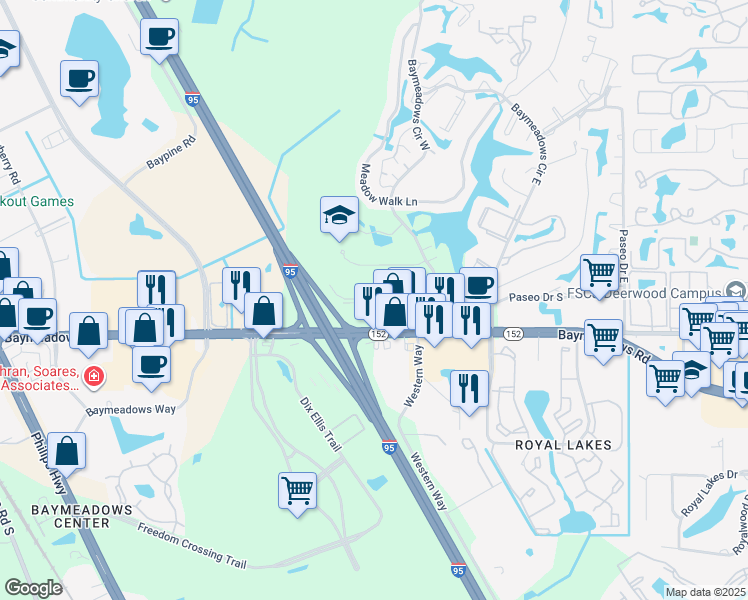 map of restaurants, bars, coffee shops, grocery stores, and more near in Jacksonville