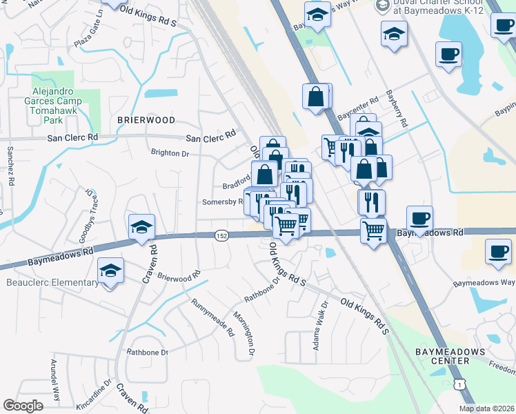 map of restaurants, bars, coffee shops, grocery stores, and more near 8711 Winchester Drive in Jacksonville