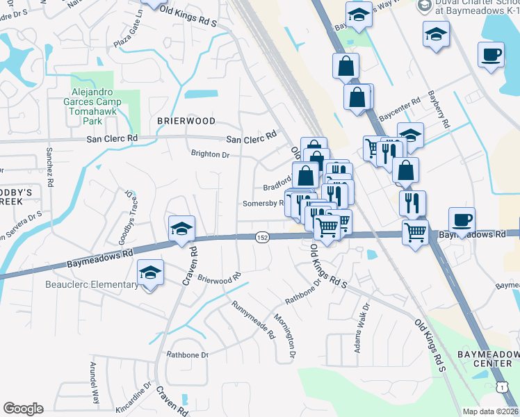 map of restaurants, bars, coffee shops, grocery stores, and more near 5074 Somersby Road in Jacksonville