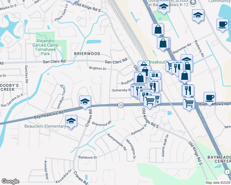map of restaurants, bars, coffee shops, grocery stores, and more near 5020 Somersby Road in Jacksonville