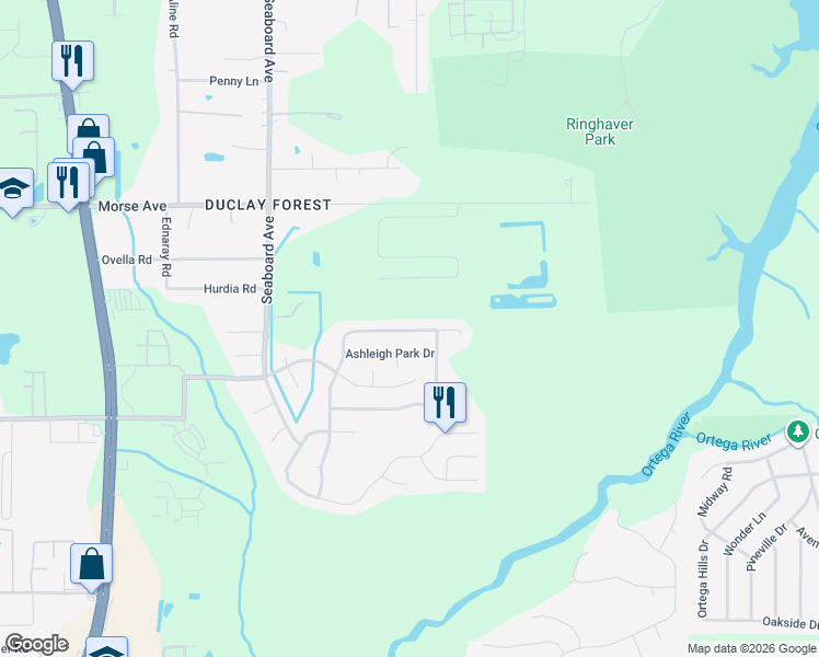 map of restaurants, bars, coffee shops, grocery stores, and more near 5501 Lafayette Park Drive North in Jacksonville