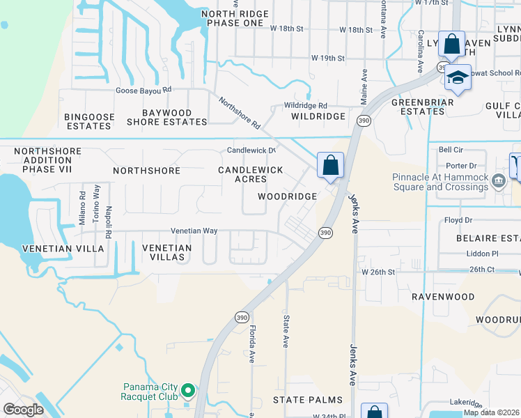 map of restaurants, bars, coffee shops, grocery stores, and more near 128 Candlewick Circle in Panama City