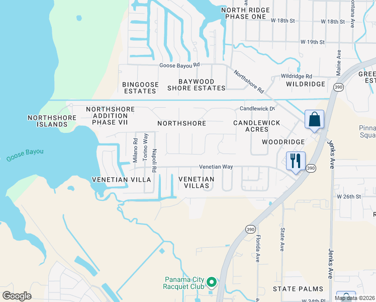 map of restaurants, bars, coffee shops, grocery stores, and more near 4000 Leeann Circle in Panama City