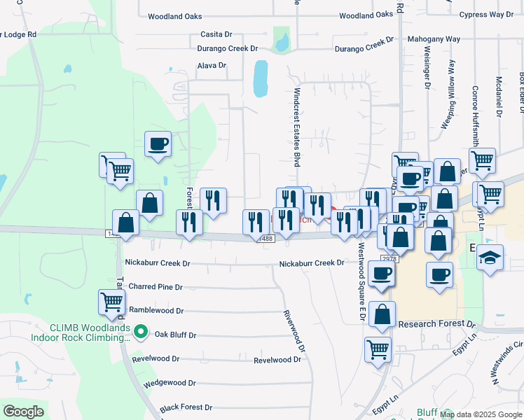 map of restaurants, bars, coffee shops, grocery stores, and more near 7002 Forest Meadow in Magnolia