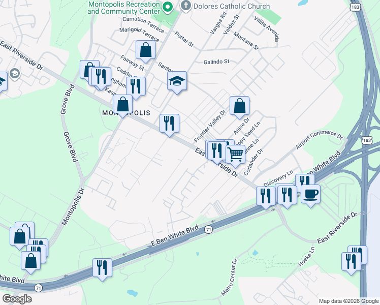 map of restaurants, bars, coffee shops, grocery stores, and more near 2005 Maxwell Lane in Austin