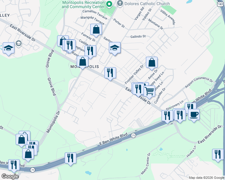 map of restaurants, bars, coffee shops, grocery stores, and more near 6801 East Riverside Drive in Austin