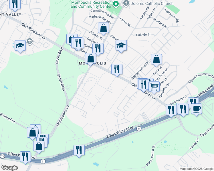 map of restaurants, bars, coffee shops, grocery stores, and more near 2106 Thrasher Lane in Austin