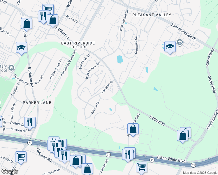 map of restaurants, bars, coffee shops, grocery stores, and more near 2701 Sunridge Drive in Austin