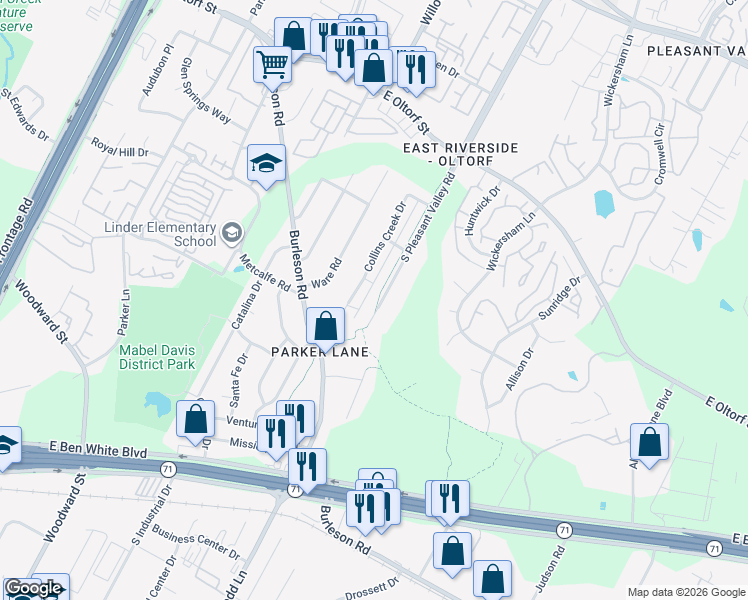 map of restaurants, bars, coffee shops, grocery stores, and more near 3100 South Pleasant Valley Road in Austin