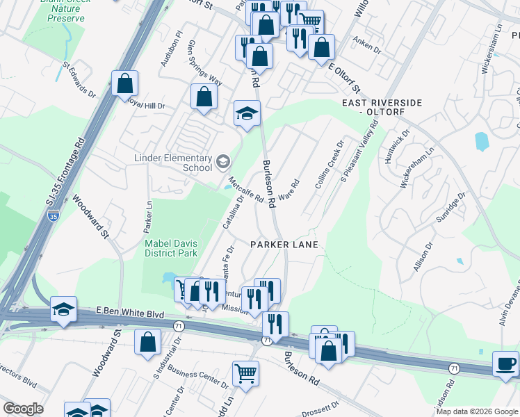 map of restaurants, bars, coffee shops, grocery stores, and more near 3007 Matador Drive in Austin