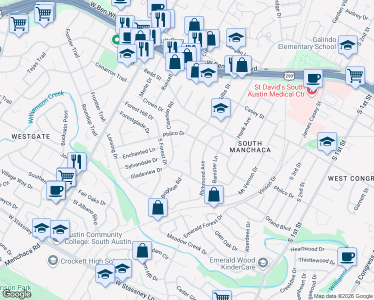 map of restaurants, bars, coffee shops, grocery stores, and more near 4611 Gillis Street in Austin