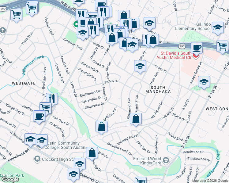 map of restaurants, bars, coffee shops, grocery stores, and more near 4702 Clawson Road in Austin