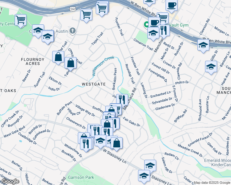 map of restaurants, bars, coffee shops, grocery stores, and more near 5009 Buckskin Pass in Austin