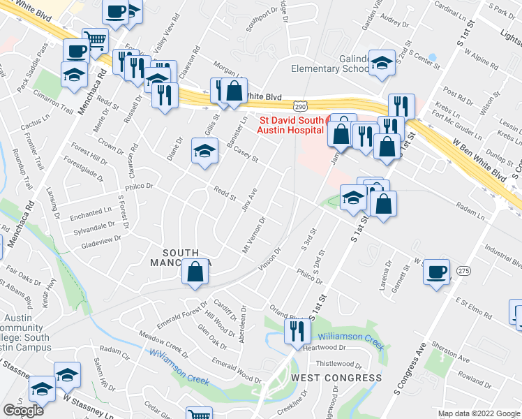 map of restaurants, bars, coffee shops, grocery stores, and more near 1002 Redd Street in Austin