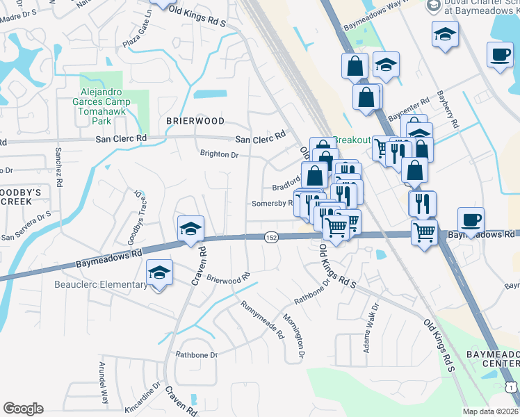 map of restaurants, bars, coffee shops, grocery stores, and more near 5020 Somersby Road in Jacksonville