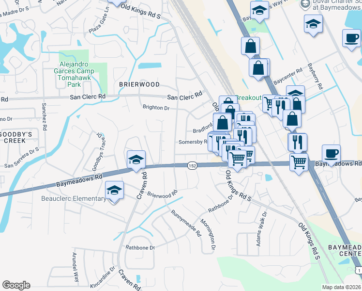 map of restaurants, bars, coffee shops, grocery stores, and more near 5020 Somersby Road in Jacksonville