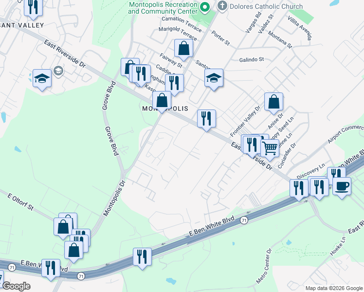 map of restaurants, bars, coffee shops, grocery stores, and more near 2108 Thrasher Lane in Austin