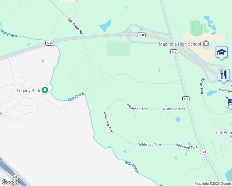 map of restaurants, bars, coffee shops, grocery stores, and more near 15319 Wildwood Trace in Magnolia