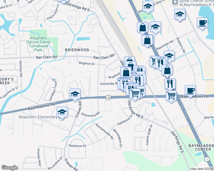 map of restaurants, bars, coffee shops, grocery stores, and more near 5074 Somersby Road in Jacksonville