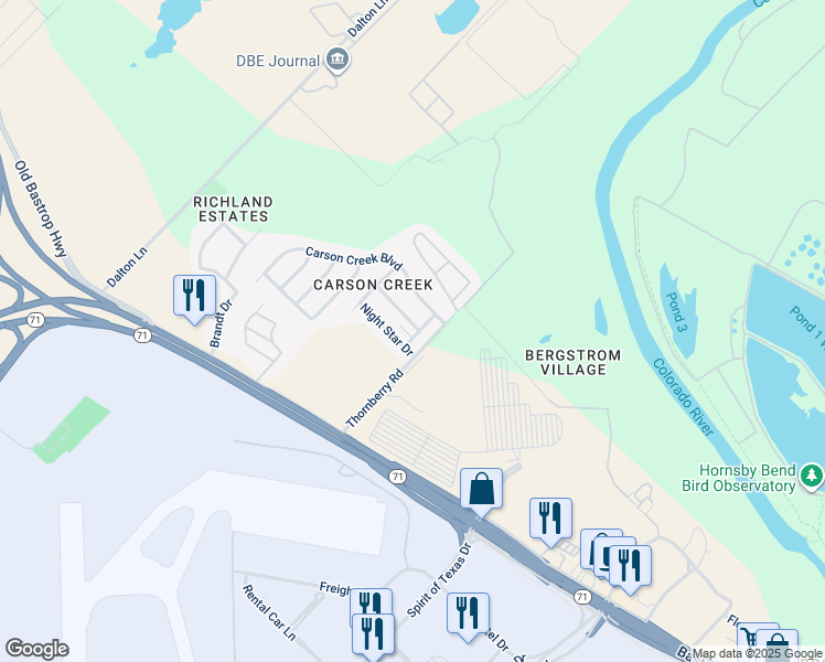 map of restaurants, bars, coffee shops, grocery stores, and more near 9611 Bear Paw Trail in Del Valle