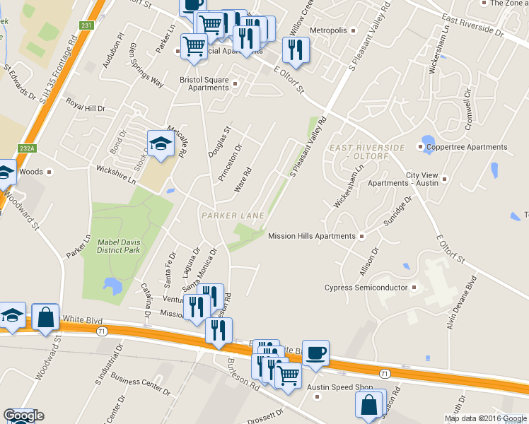map of restaurants, bars, coffee shops, grocery stores, and more near 3100 South Pleasant Valley Road in Austin