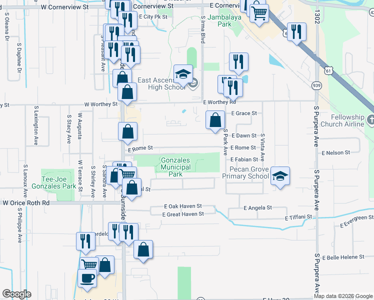 map of restaurants, bars, coffee shops, grocery stores, and more near 619 East Rome Street in Gonzales