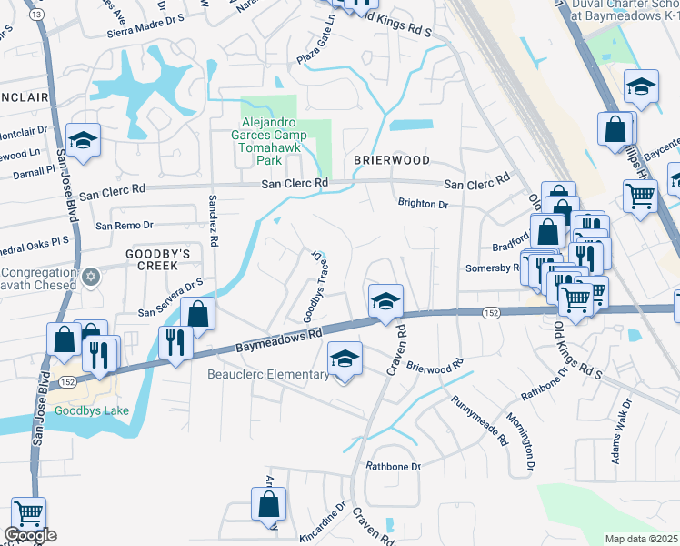 map of restaurants, bars, coffee shops, grocery stores, and more near 8750 Osprey Lane in Jacksonville