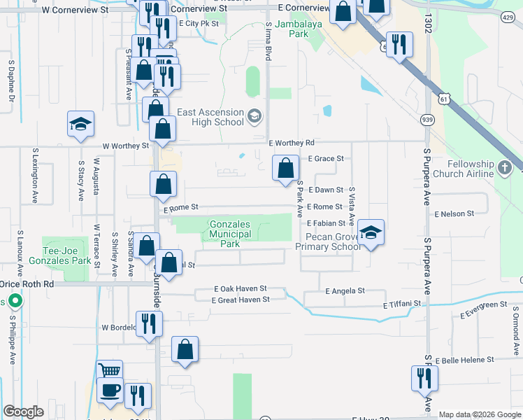 map of restaurants, bars, coffee shops, grocery stores, and more near 807 East Rome Street in Gonzales