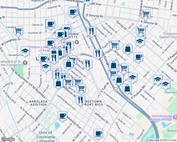 map of restaurants, bars, coffee shops, grocery stores, and more near 100 Lamar Street in Lafayette