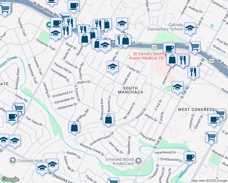 map of restaurants, bars, coffee shops, grocery stores, and more near 4513 Banister Lane in Austin
