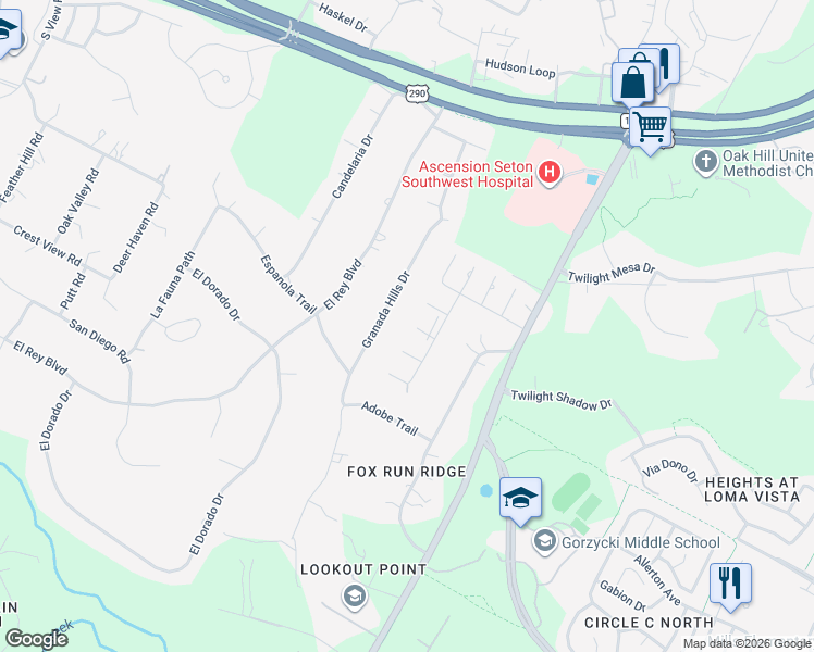 map of restaurants, bars, coffee shops, grocery stores, and more near 7807 Indian Ridge Drive in Austin