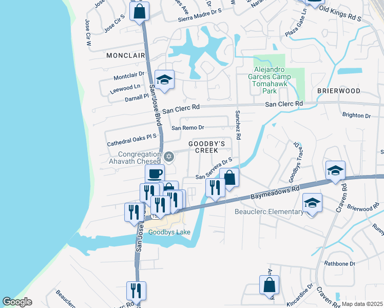 map of restaurants, bars, coffee shops, grocery stores, and more near 8658 San Servera Drive West in Jacksonville