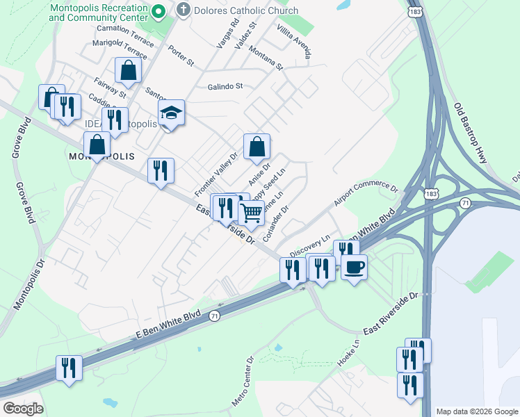 map of restaurants, bars, coffee shops, grocery stores, and more near 7404 Cayenne Lane in Austin