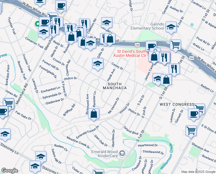 map of restaurants, bars, coffee shops, grocery stores, and more near 4504 Jinx Avenue in Austin