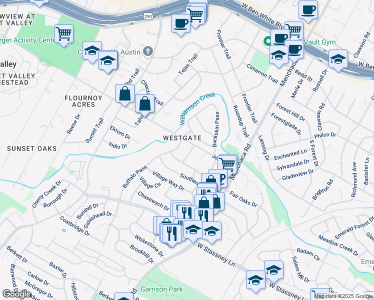 map of restaurants, bars, coffee shops, grocery stores, and more near 5200 Periwinkle Path in Austin