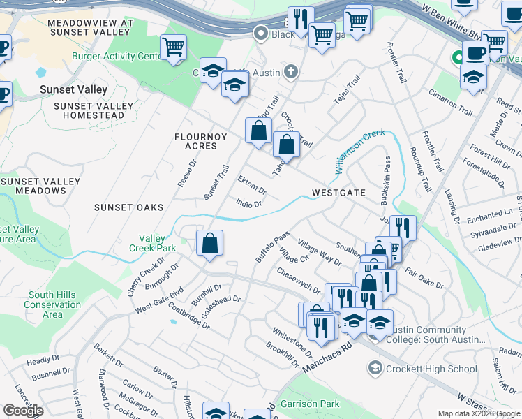 map of restaurants, bars, coffee shops, grocery stores, and more near 5305 Indio Drive in Austin