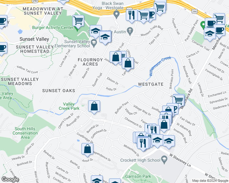 map of restaurants, bars, coffee shops, grocery stores, and more near 5303 Indio Cove in Austin
