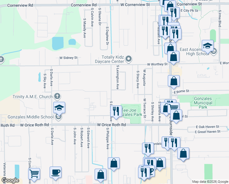 map of restaurants, bars, coffee shops, grocery stores, and more near 821 W Wellington St in Gonzales