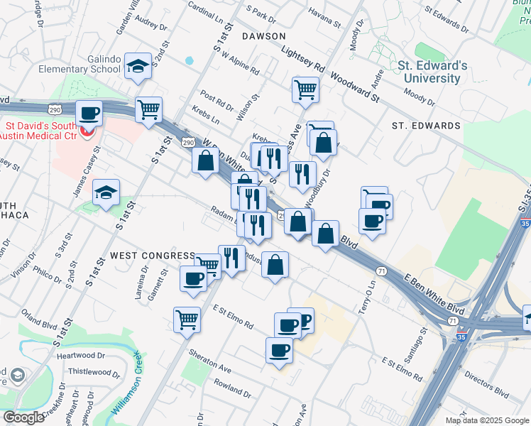 map of restaurants, bars, coffee shops, grocery stores, and more near 4101 South Congress Avenue in Austin
