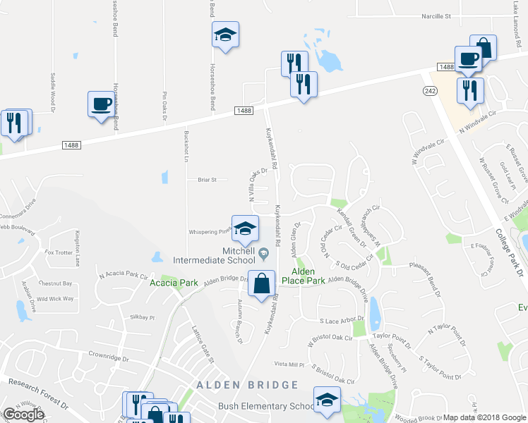 map of restaurants, bars, coffee shops, grocery stores, and more near 26 South Villa Oaks Drive in Spring
