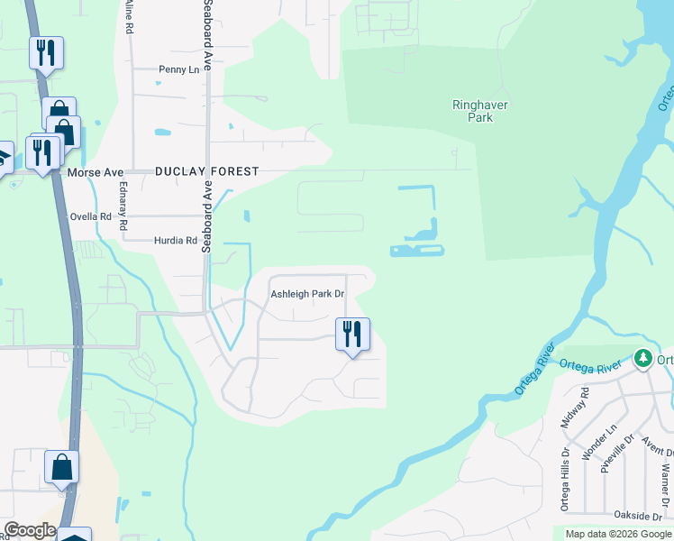 map of restaurants, bars, coffee shops, grocery stores, and more near 5501 Lafayette Park Drive North in Jacksonville