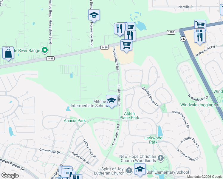 map of restaurants, bars, coffee shops, grocery stores, and more near 59 South Villa Oaks Drive in Spring